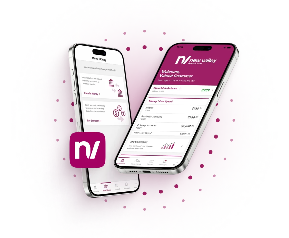 New Valley Bank mobile banking app displayed on smartphones–secure digital tools for small business account access and check deposits.