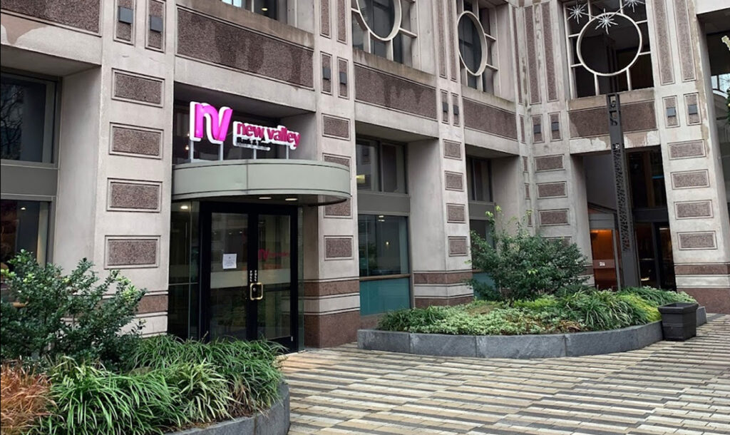 Outside the building of the New Valley Bank & Trust Monarch Place Branch.